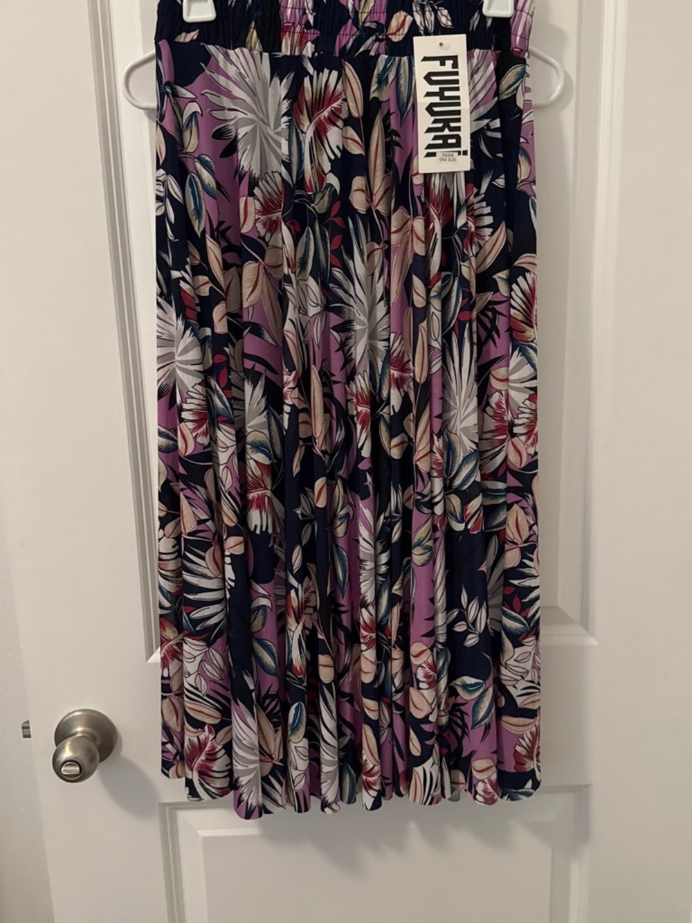 Navy and Lavender Floral Pleated Midi Skirt